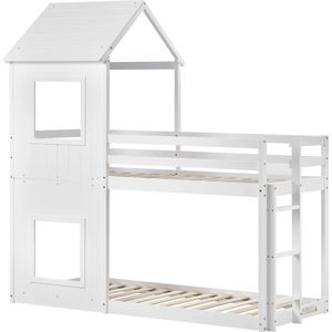 Merax Stapelbed 90x200 cm - Huisbed met Raam en Ladder - Bed voor Kinderen - Wit