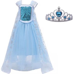 Prinsessenjurk Meisje - Elsa jurk - Verkleedjurk - maat 134/140 (140) - Tiara - Kroon - Verkleedkleren Meisje - Prinsessen Verkleedkleding - Halloween kostuum - Kinderen - Blauw - Het Betere Merk