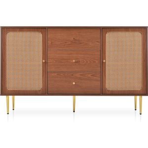 Merax Commode met 2 Deuren en 3 Lades - Rattan Dressoir met Schuifladen en Verstelbare Plank - Walnoot Bruin