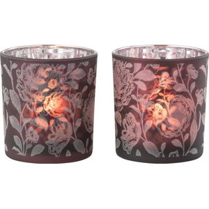 J-Line theelichthouder bloemen - glas - mat paars/zilver - small - 2 stuks