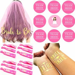 Vrijgezellenfeest set Hot Pink 28-delig met sluier, buttons, armbanden en tatoeages - vrijgezellenfeest - bride to be - team bride - trouwen - huwelijk