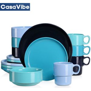 CasaVibe Luxe Serviesset – 16 delig – 4 persoons – Porselein - Bordenset – Dinner platen – Dessertborden - Kommen - Mokken - Set