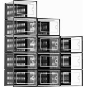 Grote schoenendozen, geschikt voor maat 46, doorzichtige plastic stapelbare sneakercontainers met deksels, geweldige vervanging voor schoenenrek, zwart, pakket van 12