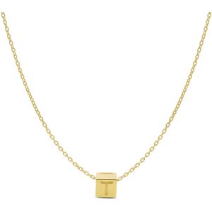 New Bling 9NBG-909T Gouden Letterhanger met Ketting - Letter T - Kubus - 4x4x4mm - Ankerschakel - 0,9 mm Breed - Lengte 38+4+3cm - 14 Karaat - Geelgoud