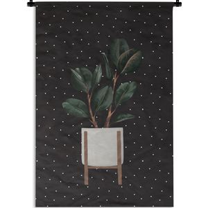 Wandkleed PlantenKerst illustraties - Illustratie van een plant met donkere ovalen bladeren op een zwarte achtergrond met stippen Wandkleed katoen 90x135 cm - Wandtapijt met foto