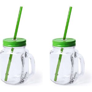 2x stuks Glazen Mason Jar drinkbekers groene dop en rietje 500 ml - afsluitbaar/niet lekken/fruit shakes