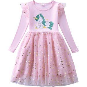 Joya Kids® Unicorn Verkleedjurk Meisjes | Licht Roze Jurkje met Lange Mouwen & Tule Rok | Comfortabele Prinsessenjurk voor Kinderen | T-shirt Stof | Prinsessenjurk meisje | Maat 110 | 4-5 Jaar