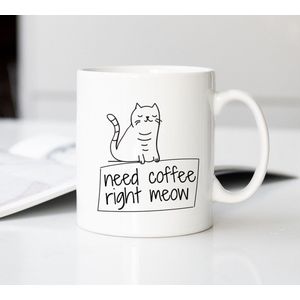 Mok met Grappige Tekst ""Need Coffee Right Meow"" | Porselein | 40 cl | Mok met Tekst | Koffie Mok | Grappige Cadeau