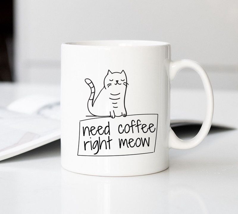 Mok met Grappige Tekst ""Need Coffee Right Meow"" | Porselein | 40 cl | Mok met Tekst | Koffie Mok | Grappige Cadeau