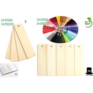 Bob Online ™ - 10 Stuks DIY Houten Blanco Bladwijzers + 10 Stuks Diverse Kleuren Tassels (Kwastjes) – Onafgewerkte Rechthoekige Vorm Houten Boekenleggers 12x3,2x0,2 cm – Kwastjes 8x1,2 cm – DIY Blank Wooden Bookmarks + 10 Assorted Colored Tassels