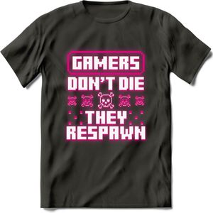 Gamers don't die pixel T-shirt | Neon Roze | Gaming kleding | Grappig game verjaardag cadeau shirt Heren – Dames – Unisex | - Donker Grijs - L