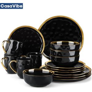 CasaVibe Luxe Serviesset – 16 delig – 4 persoons – Porselein - Bordenset – Dinner platen – Dessertborden - Kommen - Mokken - Set - Zwart - Goud