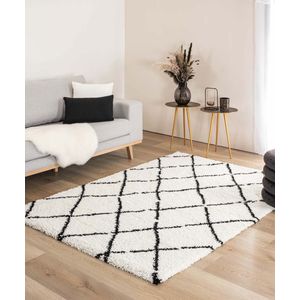 Hoogpolig vloerkleed ruiten Artisan - wit/zwart 60x110 cm