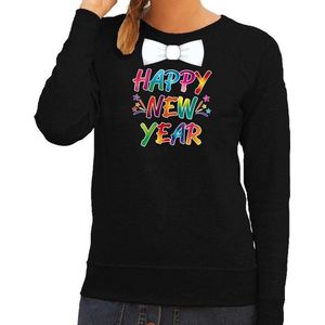 Happy new year sweater / trui met vlinderstrikje voor oud en nieuw voor dames - zwart - Nieuwjaarsborrel kleding XL