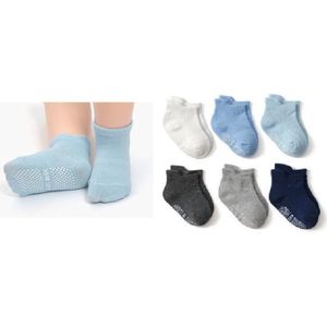 6 paar - Stevige Antislip sokken effen blauw grijs (1-3 jaar) - jongens baby en dreumes enkelsokjes anti slip - Maat 21-24