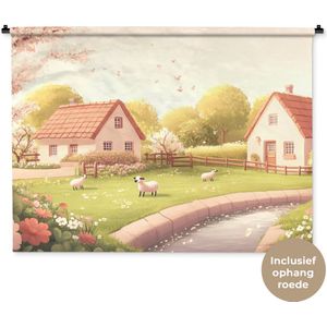 Wandkleed 120x90 cm - Wanddoek Schapen - Huisje - Platteland - Wandtapijt - Wandkleden