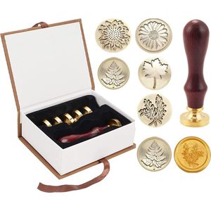 Doe-het-zelf waxzegelstempels, bruiloftsset, 6 stuks waxstempels messing koppen + 1 houten handvat, waxstempel voor kerstkaarten, enveloppen, uitnodigingen, wijnfles, vintage geschenkdoos