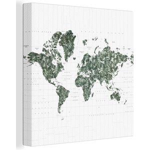 Canvas Wereldkaart - 50x50 - Wanddecoratie Wereldkaart - Groen - Bladeren