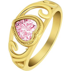 Lucardi Dames vintage ring met hart roze – Maat 57 – 18mm - Ring - Cadeau voor vrouwen - Staal goldplated - Goudkleurig