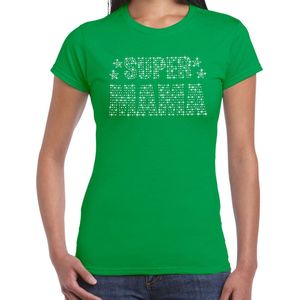 Glitter Super Mama t-shirt groen met steentjes/ rhinestones voor dames - Moederdag cadeaus - Glitter kleding/ foute party outfit XXL