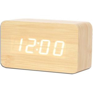Houten wekker – Alarm Clock – Rechthoek midden - Beige kleur – Reiswekker - Tijd datum temperatuur weergave – Gratis Adapter - Draadloos met batterijen