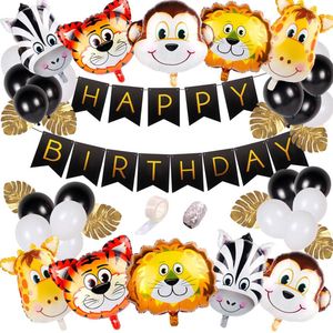 Jungle Decoratie Verjaardag Versiering pakket XL Babydouche - Safari Zwart Wit - dieren ballonnen en happy birthday slinger Jongen