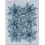 6x stuks decoratie bloemen rozen ijsblauw glitter op ijzerdraad 8 cm - Decoratiebloemen/kerstboomversiering/kerstversiering