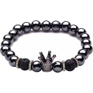 Fako Bijoux® - Boeddha Natuursteen Armband - Buddha Kralen Armband - Hematiet - Boeddha - Kroontje - Antraciet
