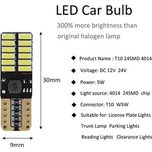 T10 Led Lamp (Set 2 stuks)  Type 12V/SMD | Canbus 5W5 | W5W | Led Signal Light | 12V | 6000K | 6500K |Stadslicht | Kentekenplaat Verlichting  | 4014 24SMD Helder Wit | Autolamp | Autolampen | Car licht | Lampen |
