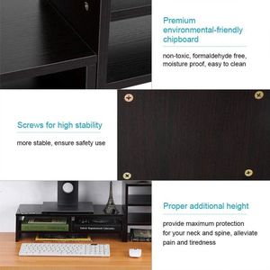 Double Partition Wood Storage Organizer Monitor Riser Neck Protector 3-laags rek voor thuis of op kantoor - Zwart