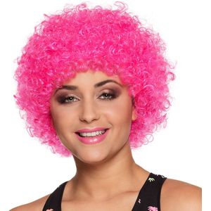 Boland - Pruik Pop knalroze Roze - Afro - Kort - Unisex - Clown - 80's & 90's - Disco