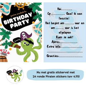 Uitnodiging kinderfeestje - Kinderfeest - Uitnodigingen - Verjaardag - Inclusief enveloppen - Eigen design en print - Wenskaart - Piraat - 20 stuks - A6