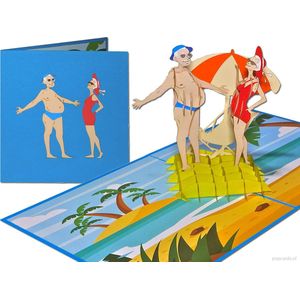 Popcards popupkaarten – Charmant gepensioneerd koppel op paradijselijk strand | Pensioen pensionado vakantie beach life strandfeest bikini maxtv pop-up kaart 3D wenskaart