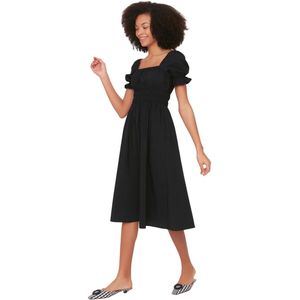 Trendyol Witte Skater/Taille Drop Ballonmouwen Gevoerde Midi-Jurk Met Twoss22El1768
