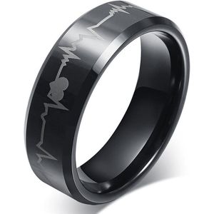 Zwarte Ring met Hartslag Patroon - ECG - Staal - Ringen Heren Manne Dames Vrouwen - Cadeau voor Man - Mannen Cadeautjes