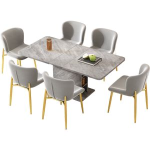 Merax Uitschuifbare Eettafel Set – 7-delige Eethoek – Inclusief 6 Fluwelen Eetkamerstoelen – Eettafel met Opbergruimte – Grijs – Stijlvol en Functioneel