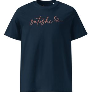 Satoshi Love - Bitcoin T-shirt - Unisex - 100% Biologisch Katoen - Kleur Marine Blauw - Maat 2XL | Bitcoin cadeau| Crypto cadeau| Bitcoin T-shirt| Crypto T-shirt| Crypto Shirt| Bitcoin Shirt| Bitcoin Merch| Crypto Merch| Bitcoin Kleding
