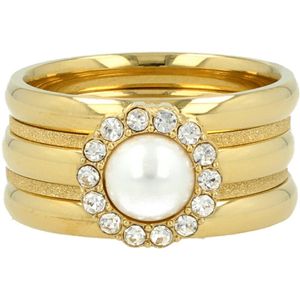 My Bendel - Gouden ringenset met witte parel en zirkonia steentjes - Ringenset goud met een witte parel, zirkonia steentjes, stardust en gladde aanschuifringen - Met luxe cadeauverpakking
