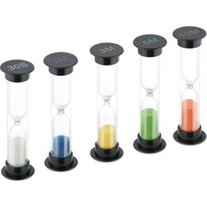 Relaxdays zandloperset - 5 stuks - timer - 30 sec, 1/ 3/ 5/ 10 min - 9 x 2,5 cm - eierwekker zand - kinderen