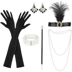 6-delige accessoireset voor de jaren 20, Great Gatsby-accessoires, feestkostuums, flapperset voor Halloween, Kerstmis, feest, met hoofdband, hoofdbedekking, handschoenen, parelketting, oorbellen