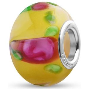 Quiges - Glazen - Kraal - Bedels - Beads Bloemvormig Geel met Roze Rozen en Groene Blaadjes Past op alle bekende merken armband NG2028