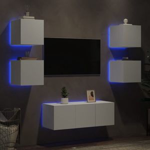vidaXL Tv-wandmeubelset - 6-delig - LED - Wit Tv Meubel - Tv Kast - Wandkast - Hout Meubilair - Led Verlichting