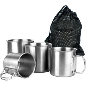 Set van 4 roestvrijstalen bekers voor op de camping, draagbaar, 304 roestvrij stalen bekers, inklapbaar, thermo-koffiebeker met klaphandvat, 660 ml/500 ml/330 ml/200 ml