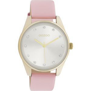 OOZOO Timpieces - Goudkleurige horloge met poeder roze leren band - C11045