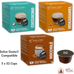 Italian Coffee - Hazelnoot, Caramel, Coccocino - Geschikt voor Dolce Gusto Apparaat - 3 x 32 - Proefpakket