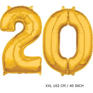 Mega grote XXL gouden folie ballon cijfer 20 jaar.  leeftijd verjaardag 20 jaar. 102 cm 40 inch. Met rietje om ballonnen mee op te blazen.