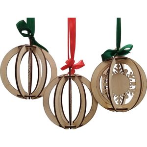 Kerstornamenten 'Sneeuwvlokken' - 3 stuks - puzzel/knutsel - berkenhout en lint