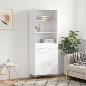 The Living Store Opbergkast - Hoge Kast 69.5x34x180 cm - Duurzaam Materiaal - Voldoende Opbergruimte - Praktische Deuren - Metalen Voeten - Wit