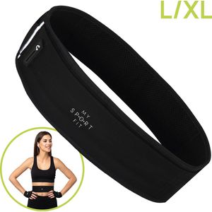 MySportFit – Premium Hardloop Heupband – Hardloop riem – Running belt – Fitness – Sport – Waterafstotend en Ademend Materiaal, Verstelbaar, Reflectoren – Ruime Opbergvakken voor Smartphone, Drinkfles of Powerbank – met Kabel Uitgang | Unisex - Zwart