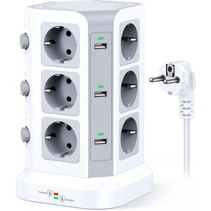 Intelectro StekkerToren - Jouw All-in-One Energiehub voor Onbeperkte Connectiviteit - 12 Stopcontacten - 6 USB Poorten - Aan/Uit Schakelaars - 2m Lange Snoer - Overbelastingsbeveiliging - 4000W - Wit - Levering Sneller dan Aangegeven!
